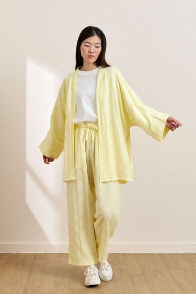 Limon Sarı Fistolu Müslin Kısa Kimono & Pantolon Takım