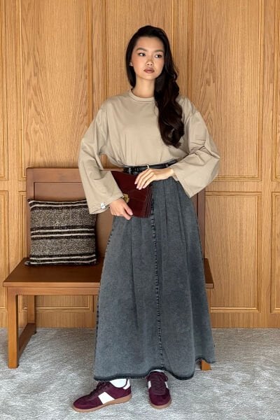 Antrasit Kot Tek Düğmeli Etek