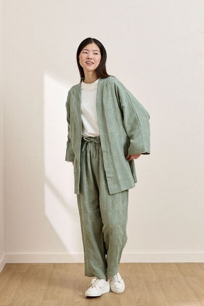 Çağla Fistolu Müslin Kısa Kimono & Pantolon Takım