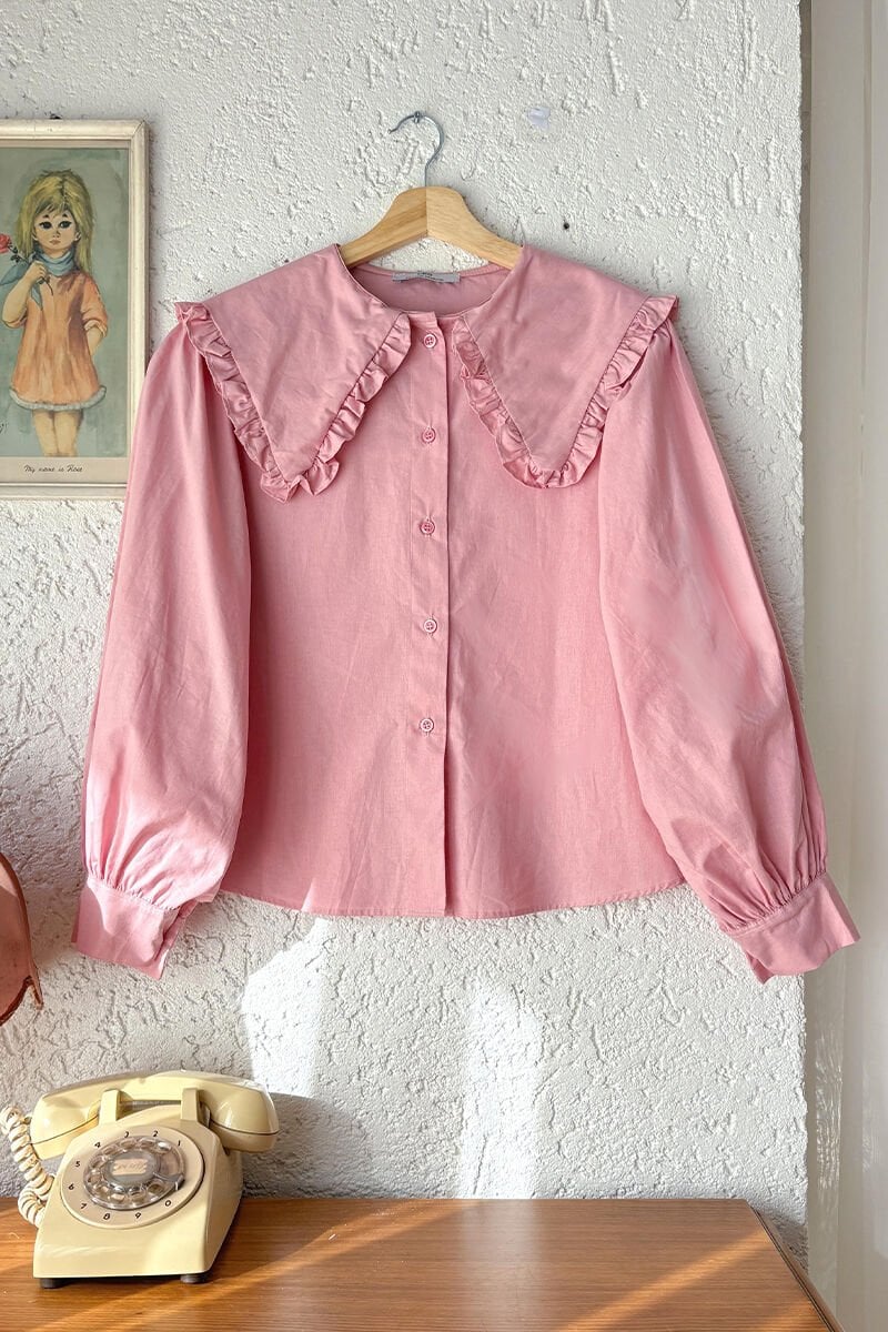 Soft Pembe Yakası Fırfırlı Crop Gömlek