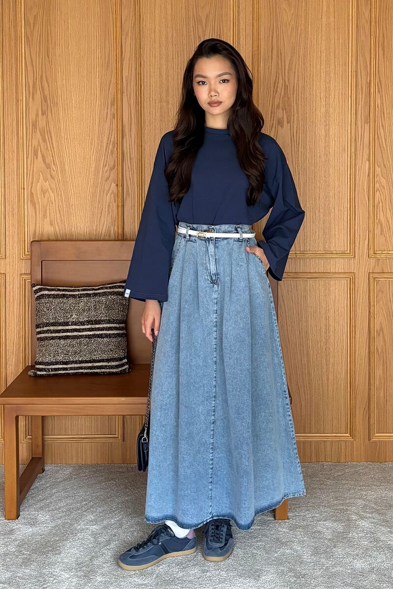 Buz Mavisi Kot Tek Düğmeli Etek