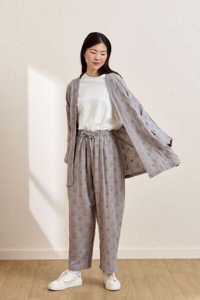 Gri Fistolu Müslin Kısa Kimono & Pantolon Takım