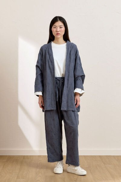İndigo Fistolu Müslin Kısa Kimono & Pantolon Takım
