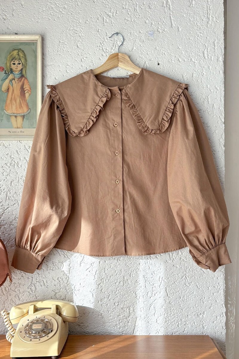 Acı Kahve Yakası Fırfırlı Crop Gömlek