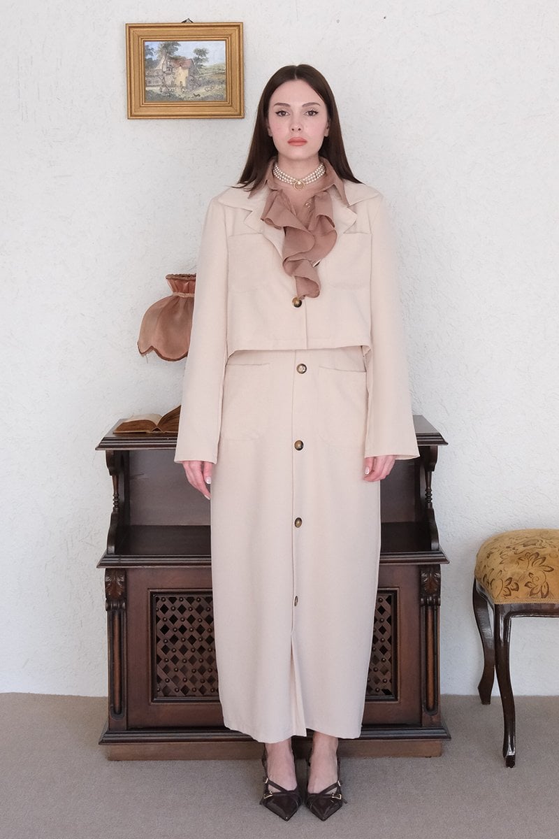 Krem Krep Ceket Takım