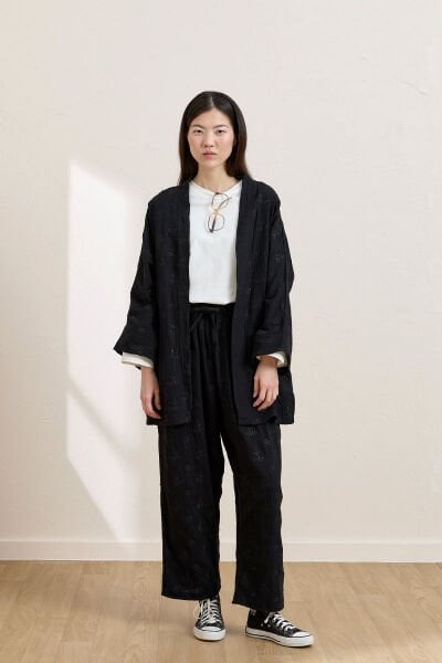 Siyah Fistolu Müslin Kısa Kimono & Pantolon Takım
