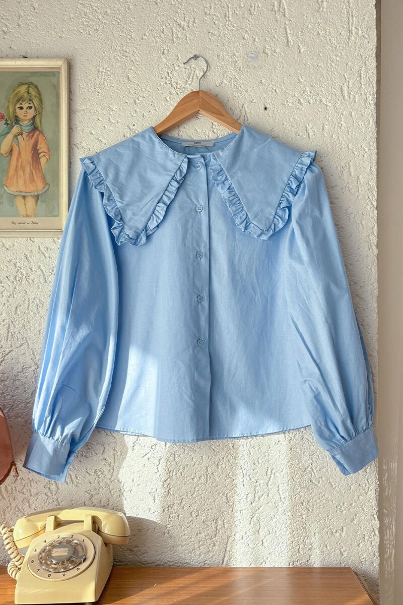 Bebe Mavisi Yakası Fırfırlı Crop Gömlek
