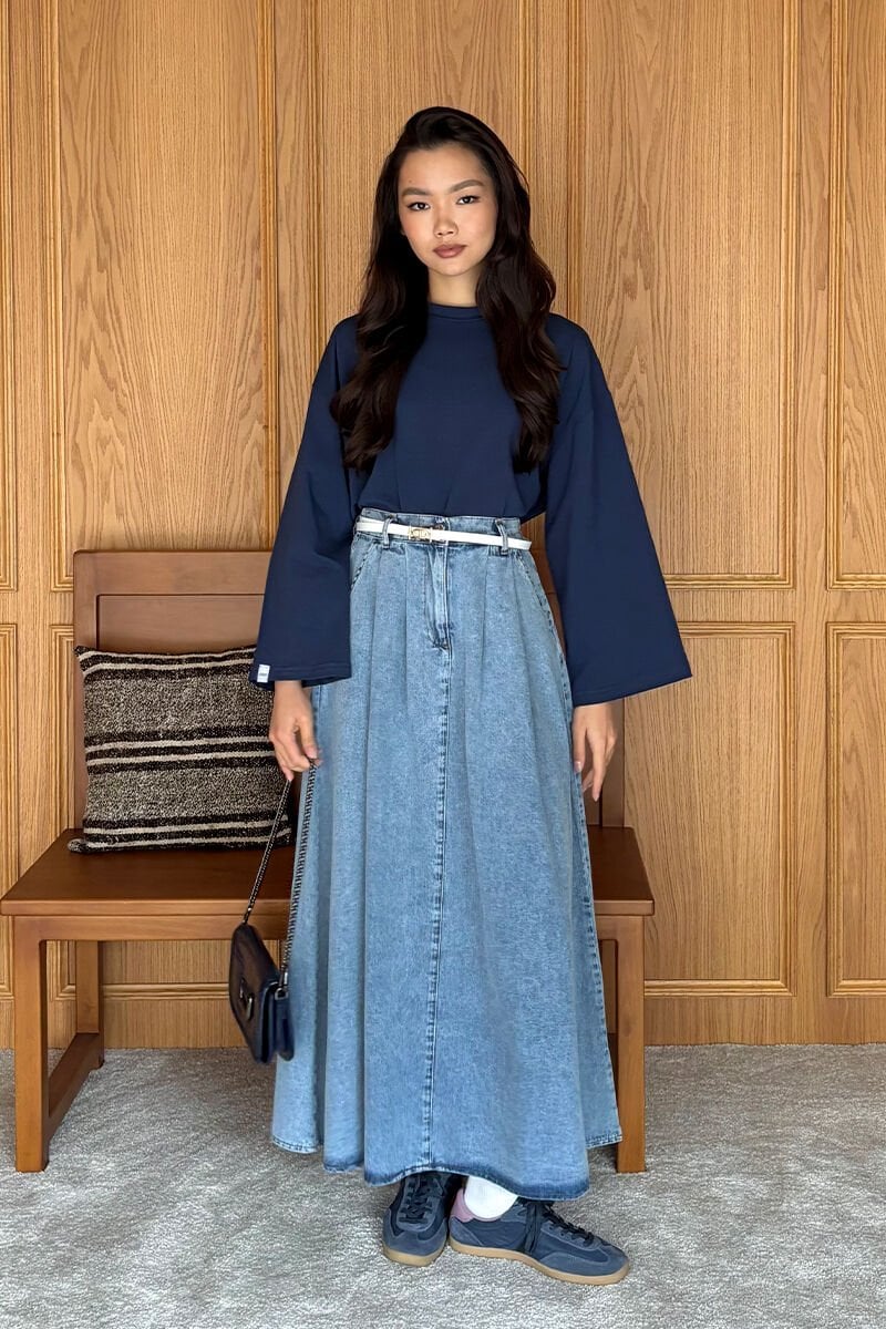 Lacivert Body & Buz Mavi Kot Tek Düğmeli Etek Takım