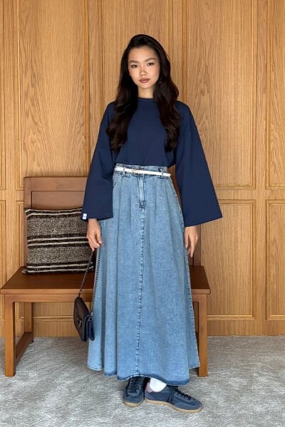 Lacivert Body & Buz Mavi Kot Tek Düğmeli Etek Takım