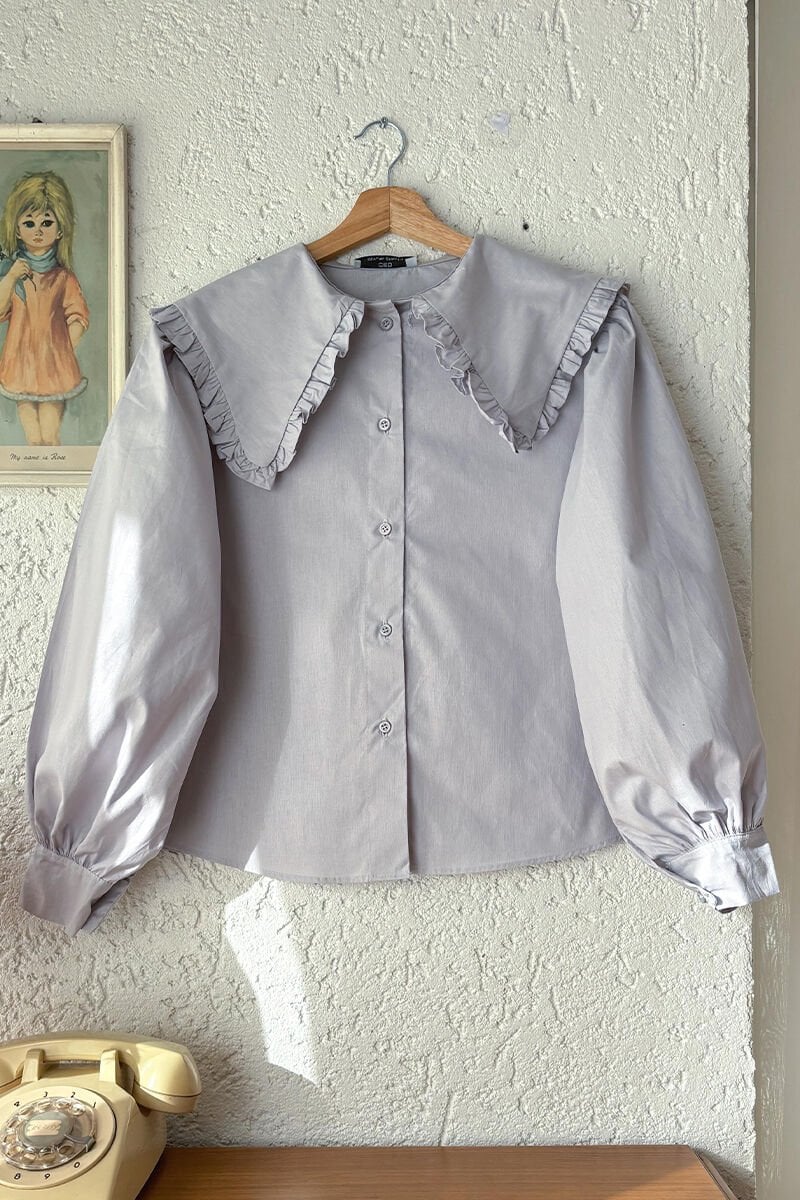 Gri Yakası Fırfırlı Crop Gömlek