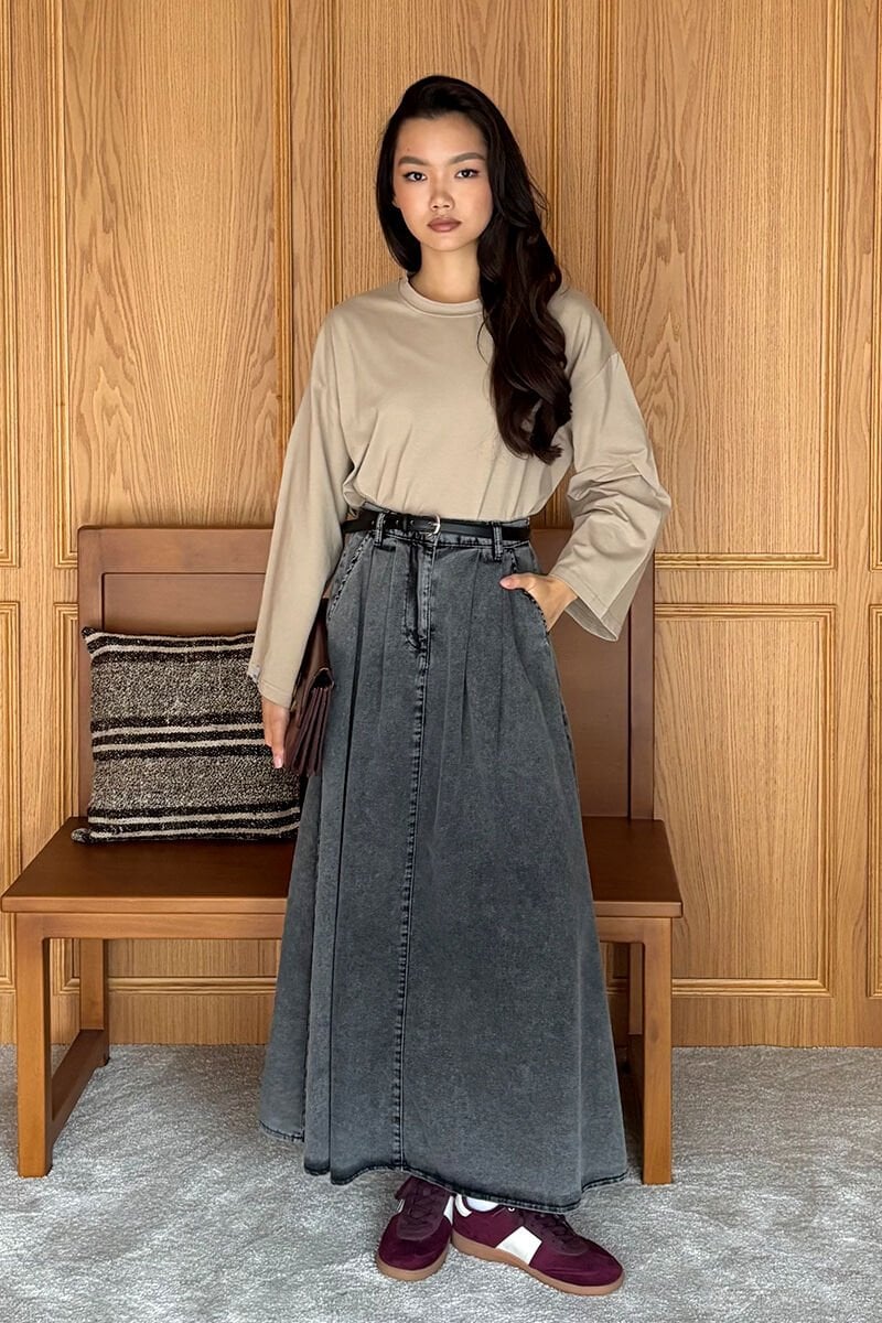 Taş Body & Antrasit Kot Tek Düğmeli Etek Takım