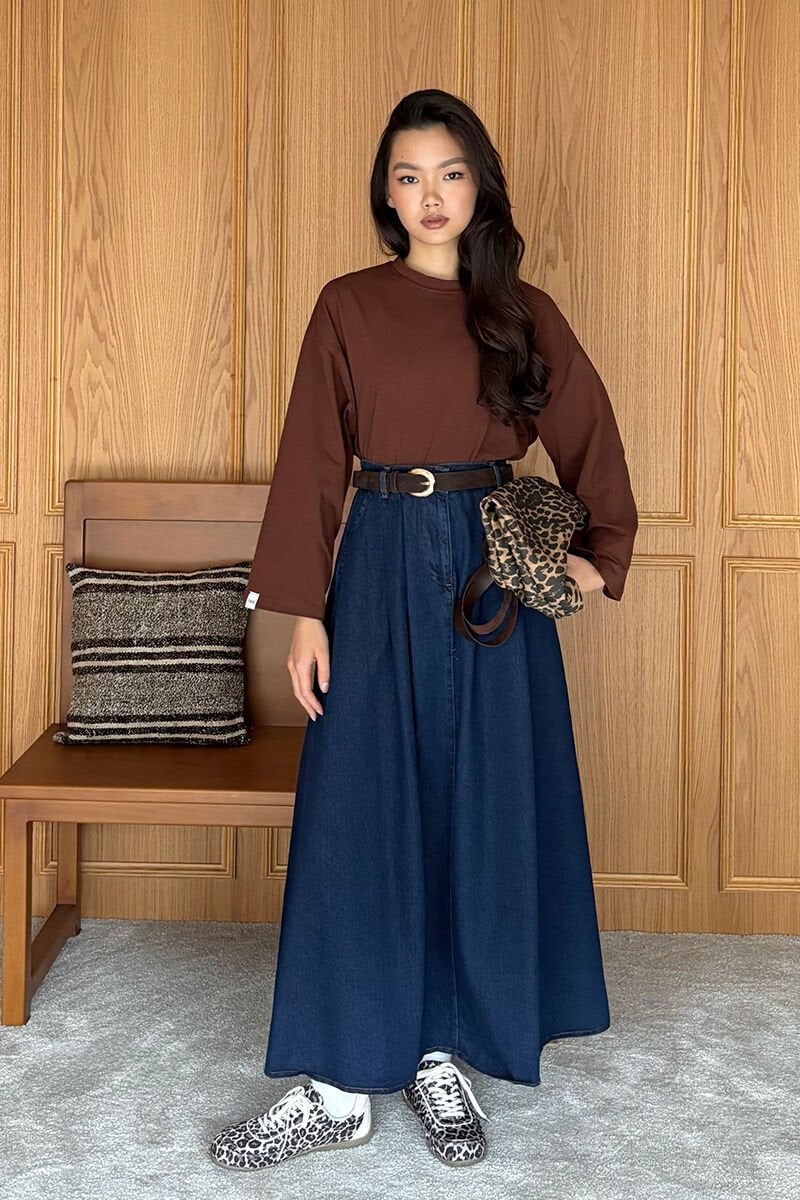 Acı Kahve Body & Kot Tek Düğmeli Etek Takım