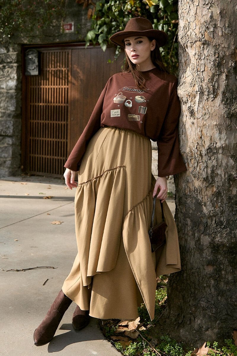 Acı Kahve Vintage Baskılı Basic Body & Karamel Poliviskon Bohem Kat Etek Takım