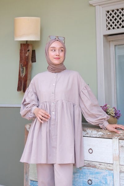 Gül Kurusu Organik Keten Düğmeli Bağlamalı Robalı Tunik
