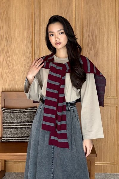 Bordo Çizgili Şal Atkı
