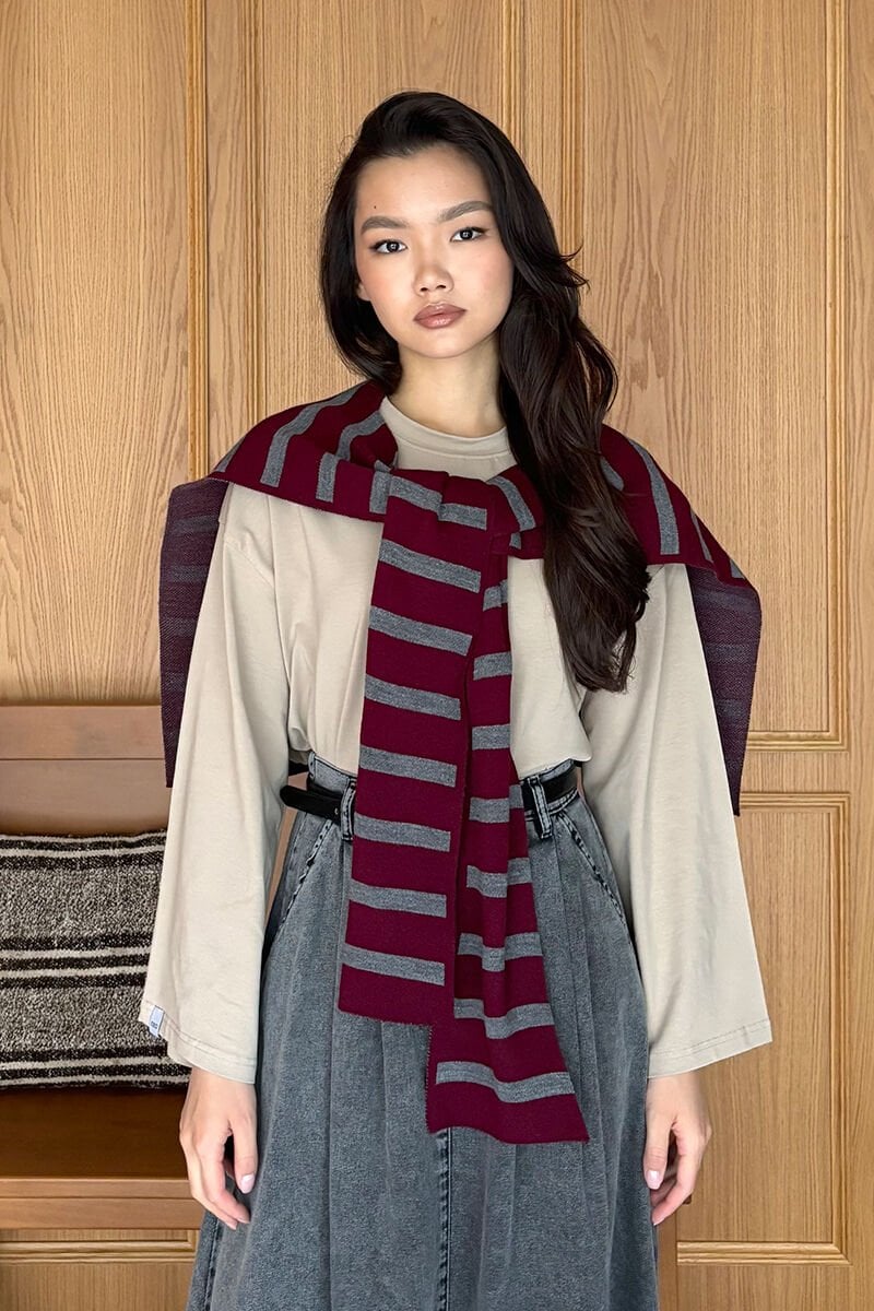 Bordo Çizgili Şal Atkı