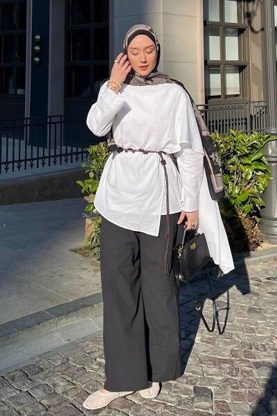 Beyaz Organik Keten Şal Detay Tunik & Siyah Double Paça Pantolon Takım