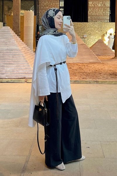 Beyaz Organik Keten Şal Detay Tunik & Siyah Double Paça Pantolon Takım / Melek