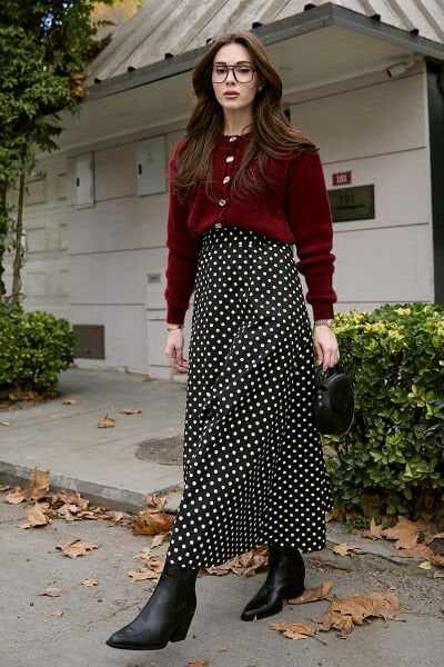 Siyah Puantiyeli Keten Kloş Etek