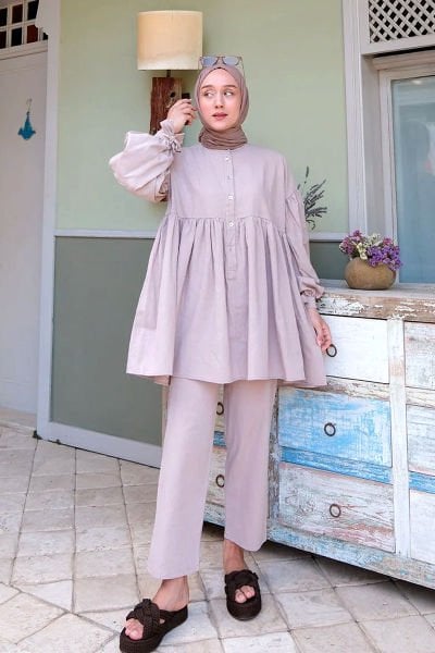 Gül Kurusu Organik Keten Düğmeli Bağlamalı Robalı Tunik & Gül Kurusu Organik Keten Boru Paça Pantolon Takım