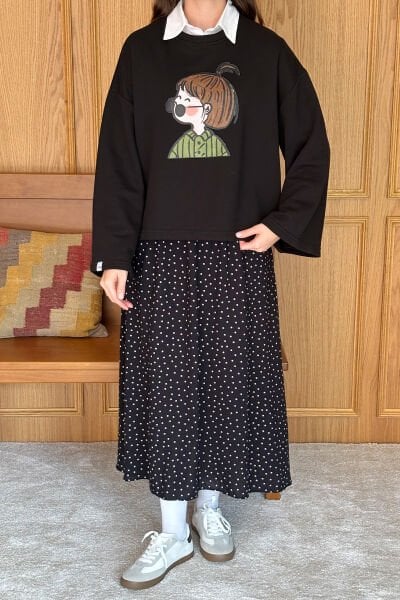 Siyah Viskon Puantiye Detaylı Etek