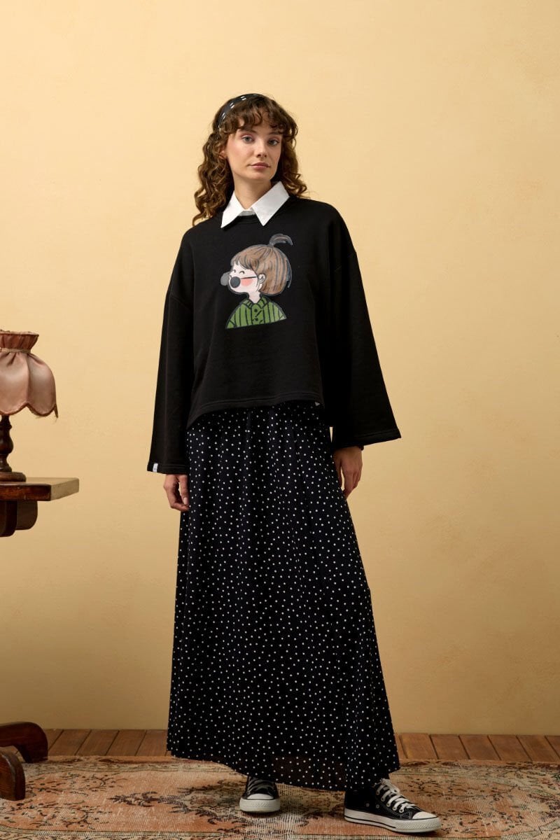 Siyah Viskon Puantiye Detaylı Etek