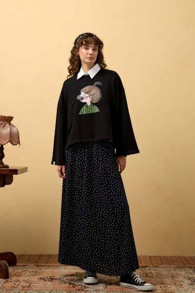 Siyah Viskon Puantiye Detaylı Etek