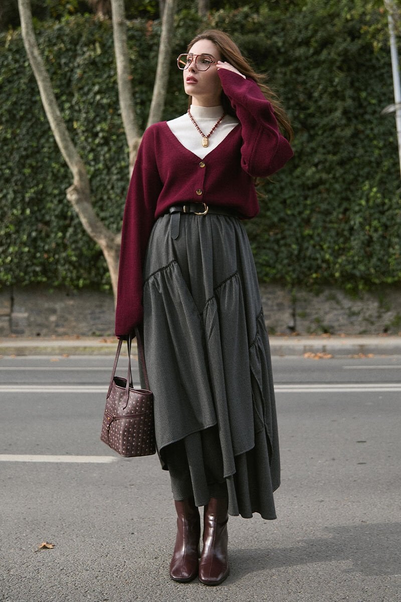 Bordo İspanyol Kol Triko Hırka & Antrasit Poliviskon Bohem Kat Etek Takım