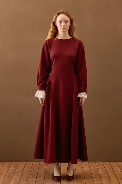 Bordo Pile Detay Elbise