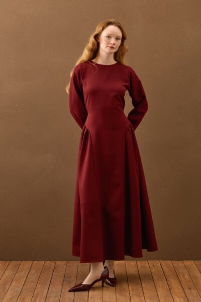 Bordo Pile Detay Elbise