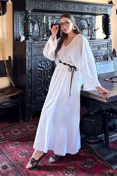 Beyaz Organik Keten Balon Etek