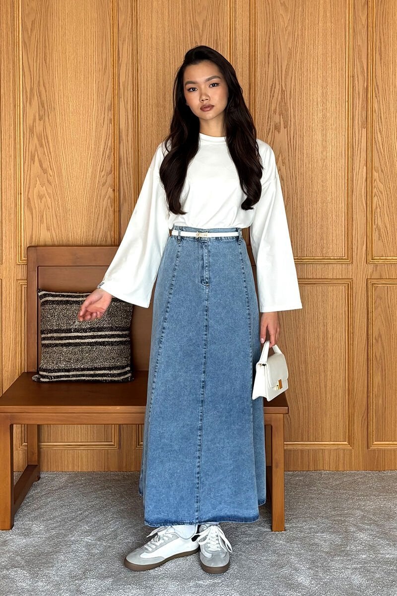 Ekru Body & Buz Mavisi Kot Kloş Etek Takım