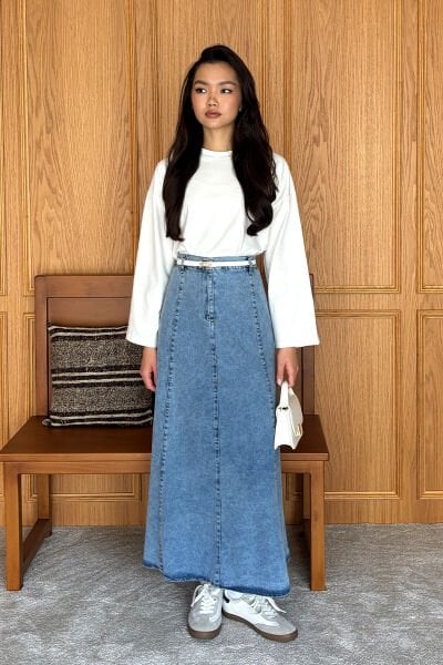 Ekru Body & Buz Mavisi Kot Kloş Etek Takım