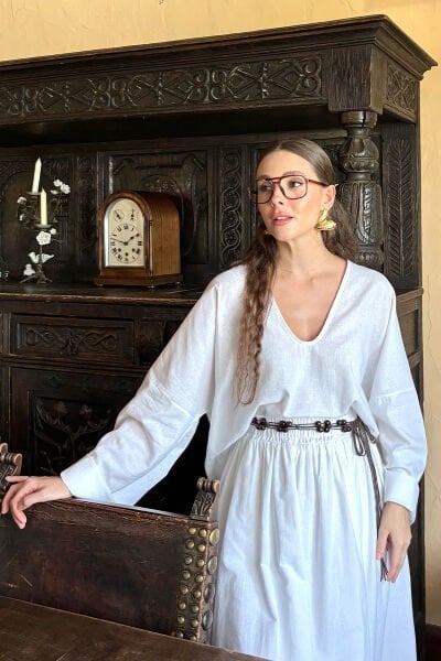 Beyaz Organik Keten Balon Etek