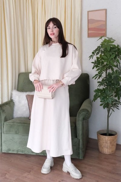 Krem 2 İplik Crop & 2 İplik Etek Takım