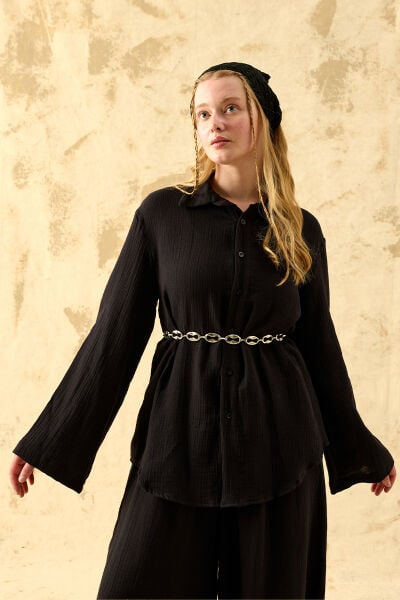 Siyah Müslin Oversize Gömlek