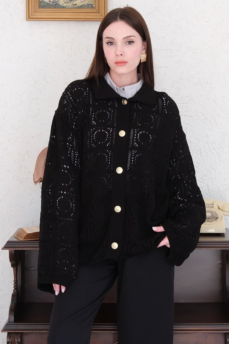 Siyah Ajurlu Triko Hırka