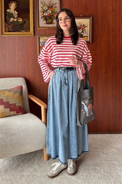 Buz Mavisi Kot Tek Düğmeli Etek