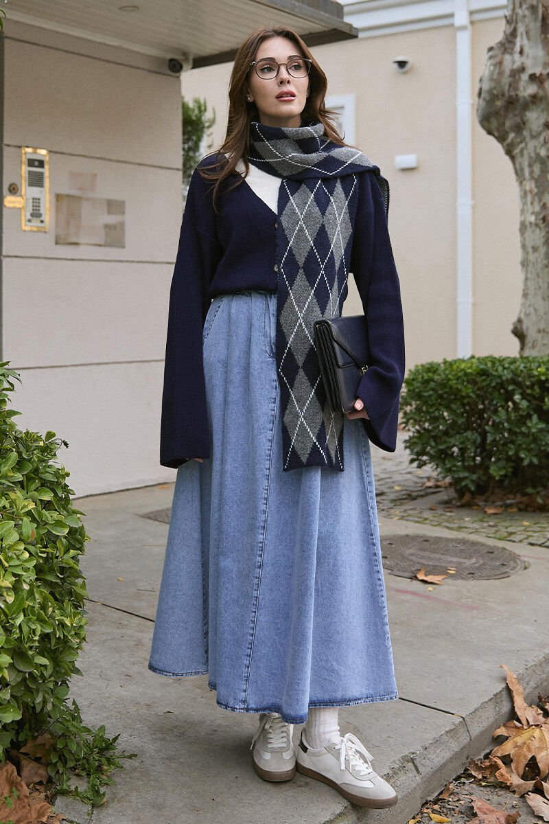 Buz Mavisi Kot Tek Düğmeli Etek