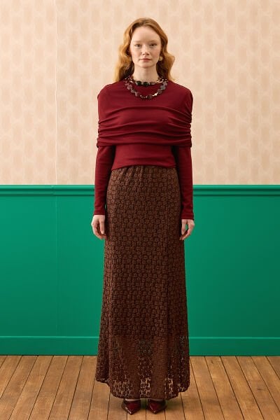 Bordo Oysho Büzgü Detaylı Bluz & Acı Kahve Dantelli Kloş Etek Takım