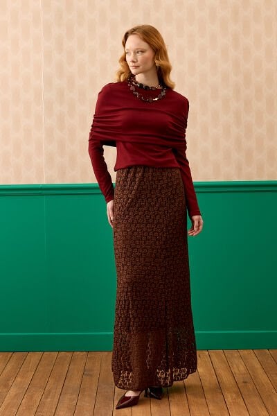 Bordo Oysho Büzgü Detaylı Bluz & Acı Kahve Dantelli Kloş Etek Takım