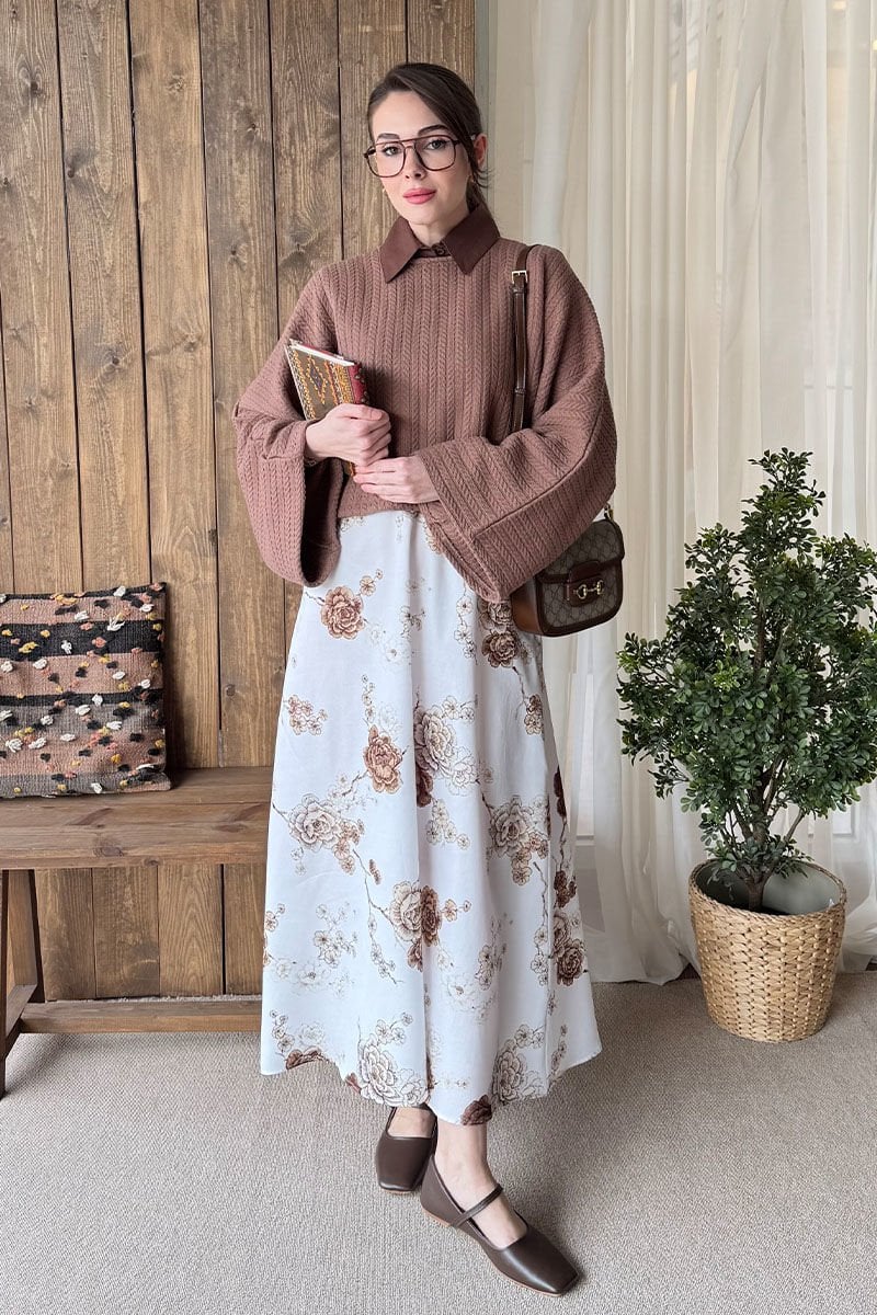 Kahve Gül Desen Pamuk Saten Kloş Etek