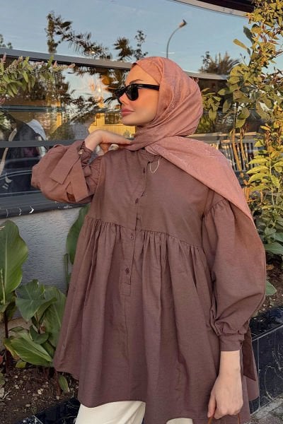 Acı Kahve Düğmeli Bağlamalı Robalı Tunik / Şule