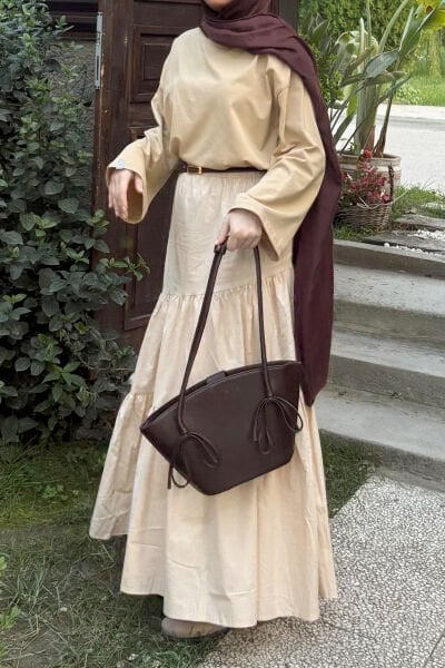 Bej Body & Krem Çapraz Kat Etek Takım