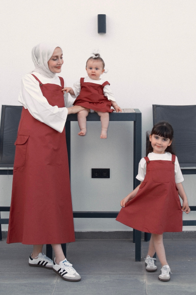 Anne - Çocuk Bordo Duck Keten Etekli Salopet Takım & Anne - Çocuk Ekru Body