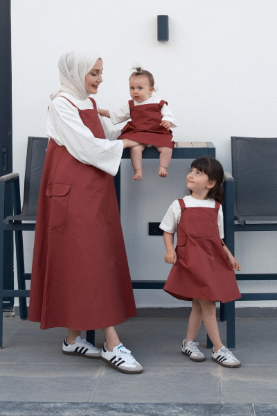 Anne - Çocuk Bordo Duck Keten Etekli Salopet Takım & Anne - Çocuk Ekru Body