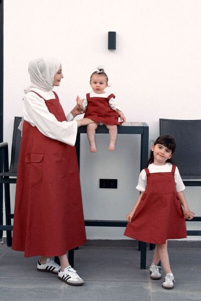 Anne - Çocuk Bordo Duck Keten Etekli Salopet Takım