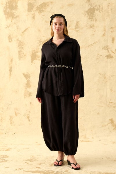 Siyah Müslin Oversize Gömlek & Şalvar Pantolon Takım