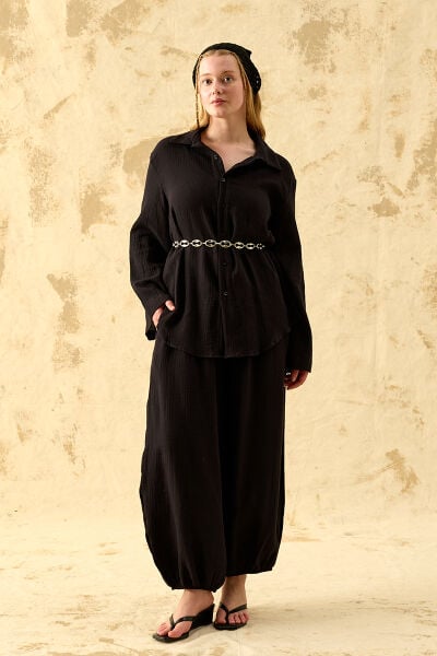 Siyah Müslin Oversize Gömlek & Şalvar Pantolon Takım