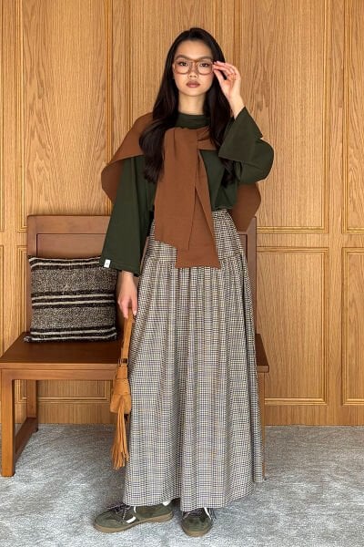 Haki Body & Kaz Ayağı Desen Etek Takım